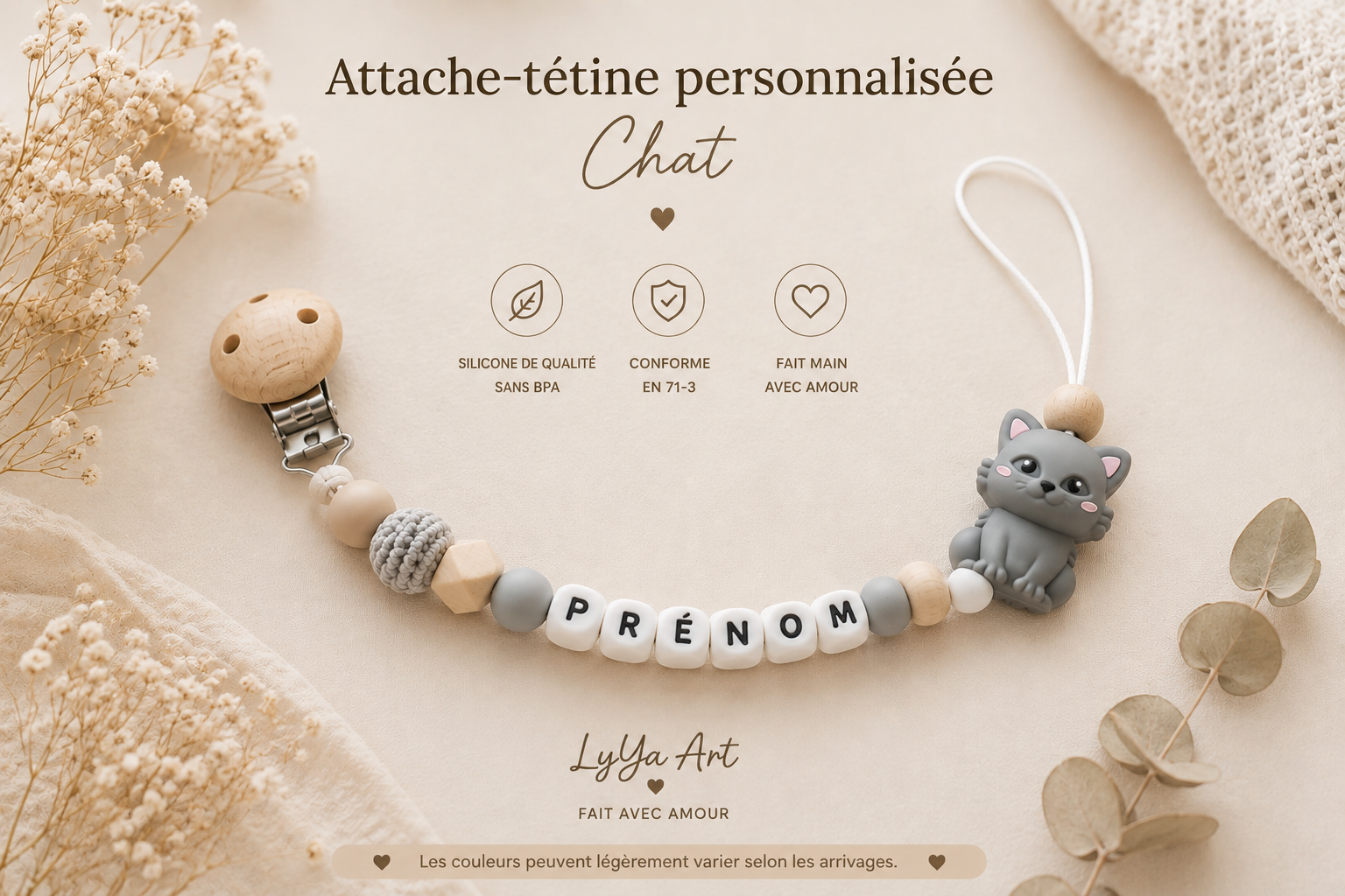 Attache-tétine personnalisée chat